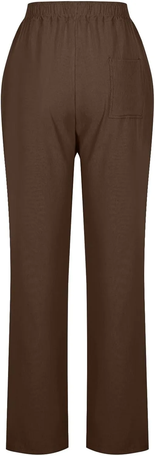 Linen Pants Women Hight Waisted Trousers Pants with Pockets Ladies Elastic Waist Trousers Wide Leg Straight Pants