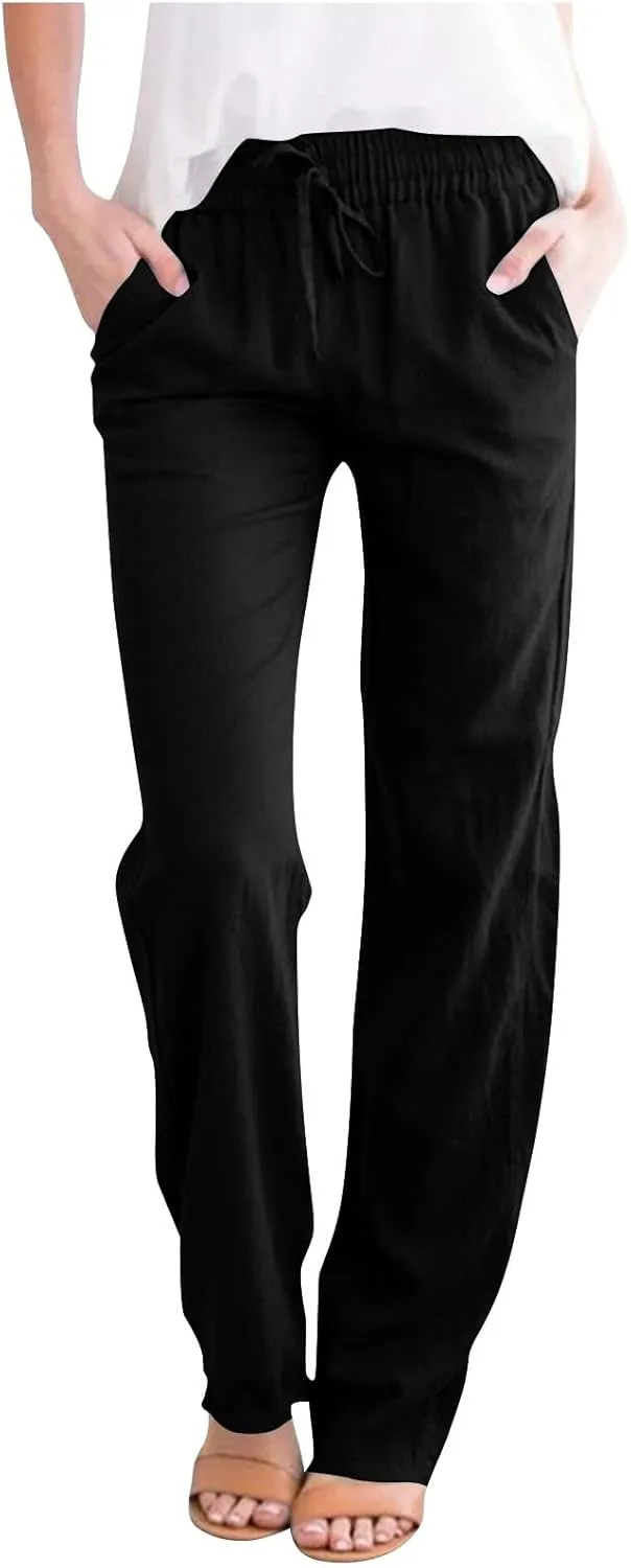 Linen Pants Women Hight Waisted Trousers Pants with Pockets Ladies Elastic Waist Trousers Wide Leg Straight Pants