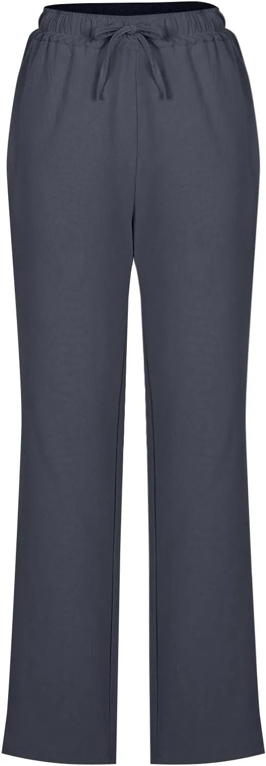 Linen Pants Women Hight Waisted Trousers Pants with Pockets Ladies Elastic Waist Trousers Wide Leg Straight Pants