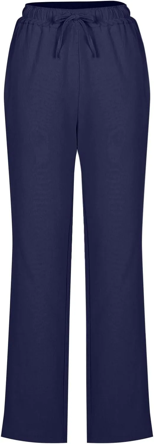 Linen Pants Women Hight Waisted Trousers Pants with Pockets Ladies Elastic Waist Trousers Wide Leg Straight Pants