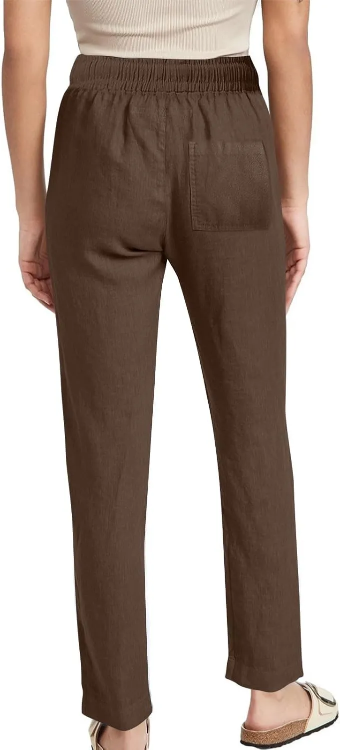 Linen Pants Women Hight Waisted Trousers Pants with Pockets Ladies Elastic Waist Trousers Wide Leg Straight Pants