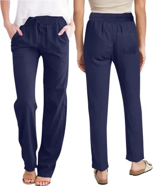 Linen Pants Women Hight Waisted Trousers Pants with Pockets Ladies Elastic Waist Trousers Wide Leg Straight Pants