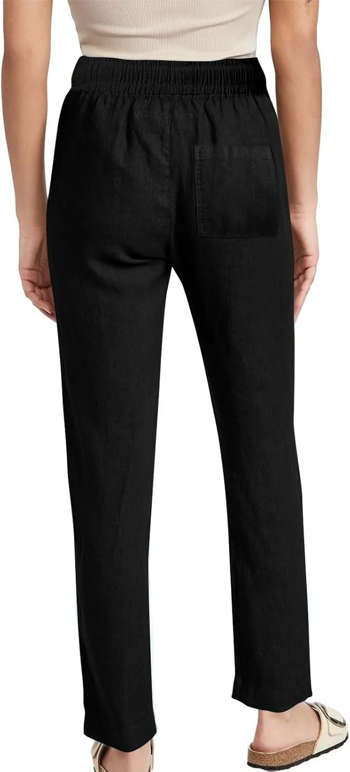 Linen Pants Women Hight Waisted Trousers Pants with Pockets Ladies Elastic Waist Trousers Wide Leg Straight Pants