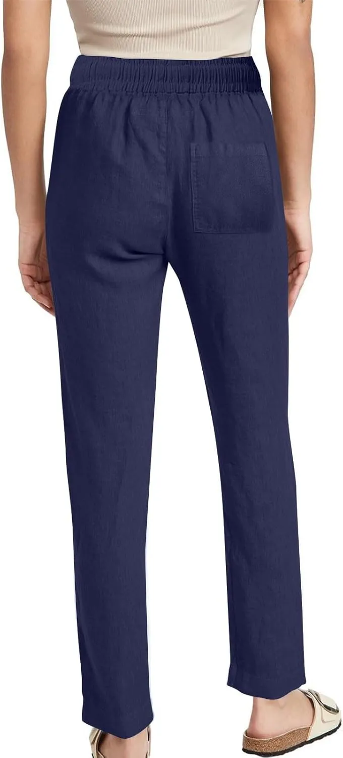 Linen Pants Women Hight Waisted Trousers Pants with Pockets Ladies Elastic Waist Trousers Wide Leg Straight Pants