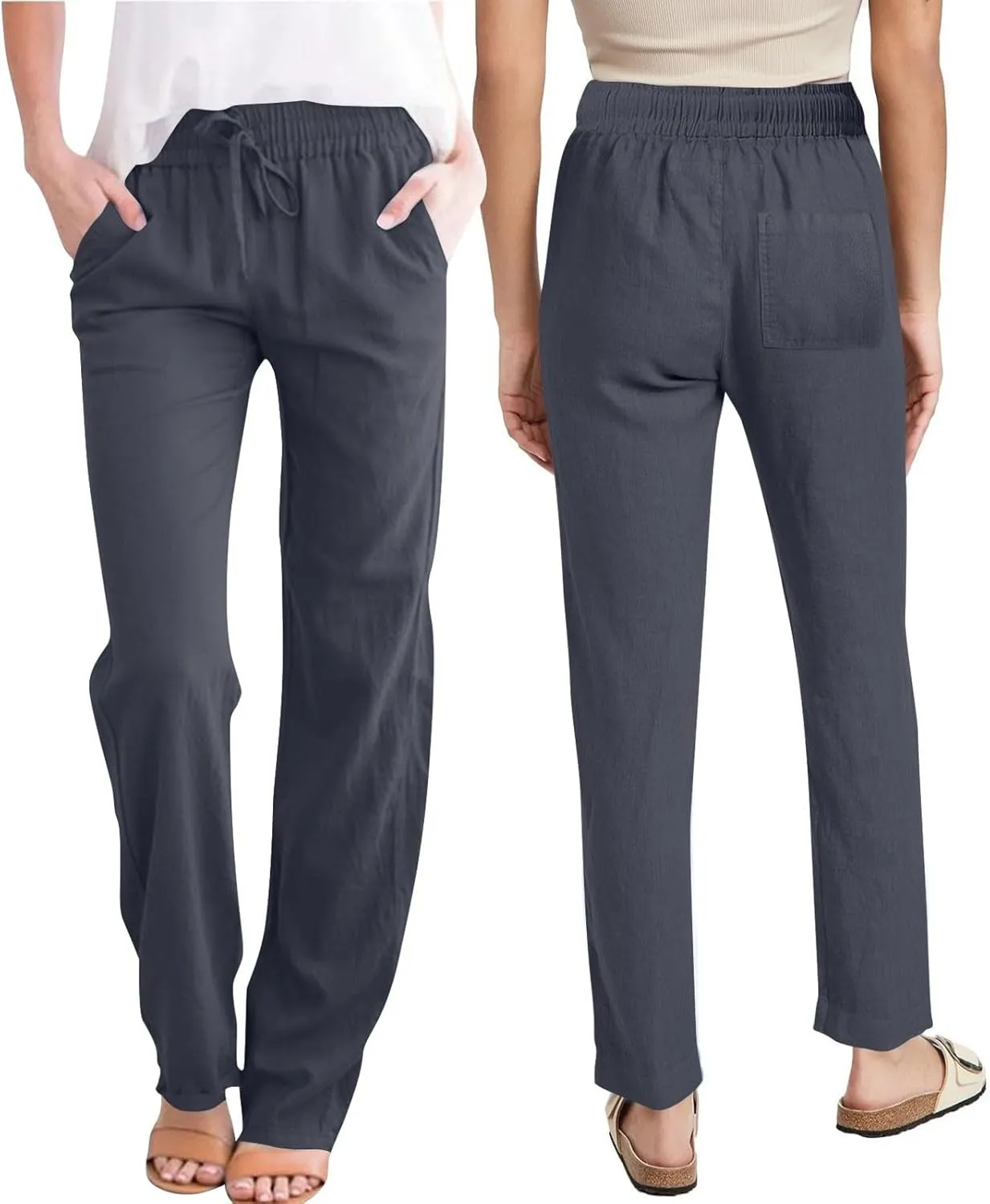 Linen Pants Women Hight Waisted Trousers Pants with Pockets Ladies Elastic Waist Trousers Wide Leg Straight Pants