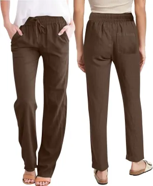 Linen Pants Women Hight Waisted Trousers Pants with Pockets Ladies Elastic Waist Trousers Wide Leg Straight Pants