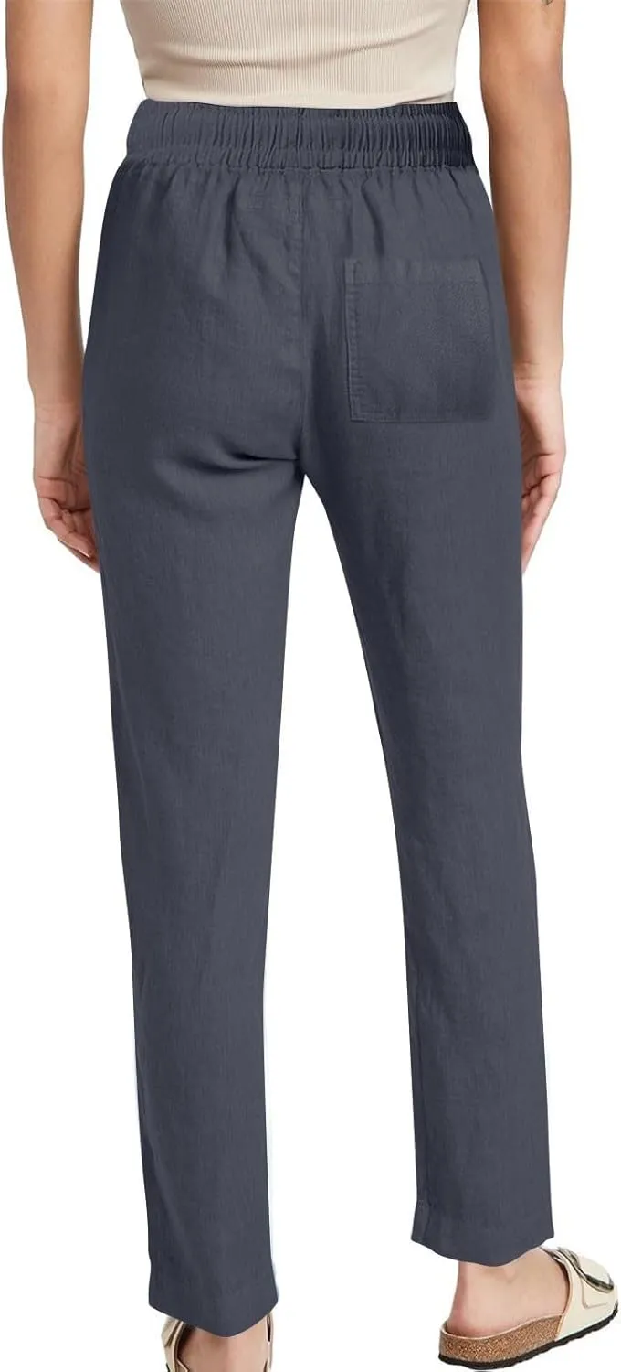 Linen Pants Women Hight Waisted Trousers Pants with Pockets Ladies Elastic Waist Trousers Wide Leg Straight Pants