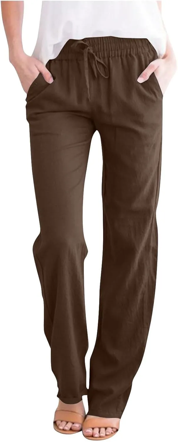 Linen Pants Women Hight Waisted Trousers Pants with Pockets Ladies Elastic Waist Trousers Wide Leg Straight Pants