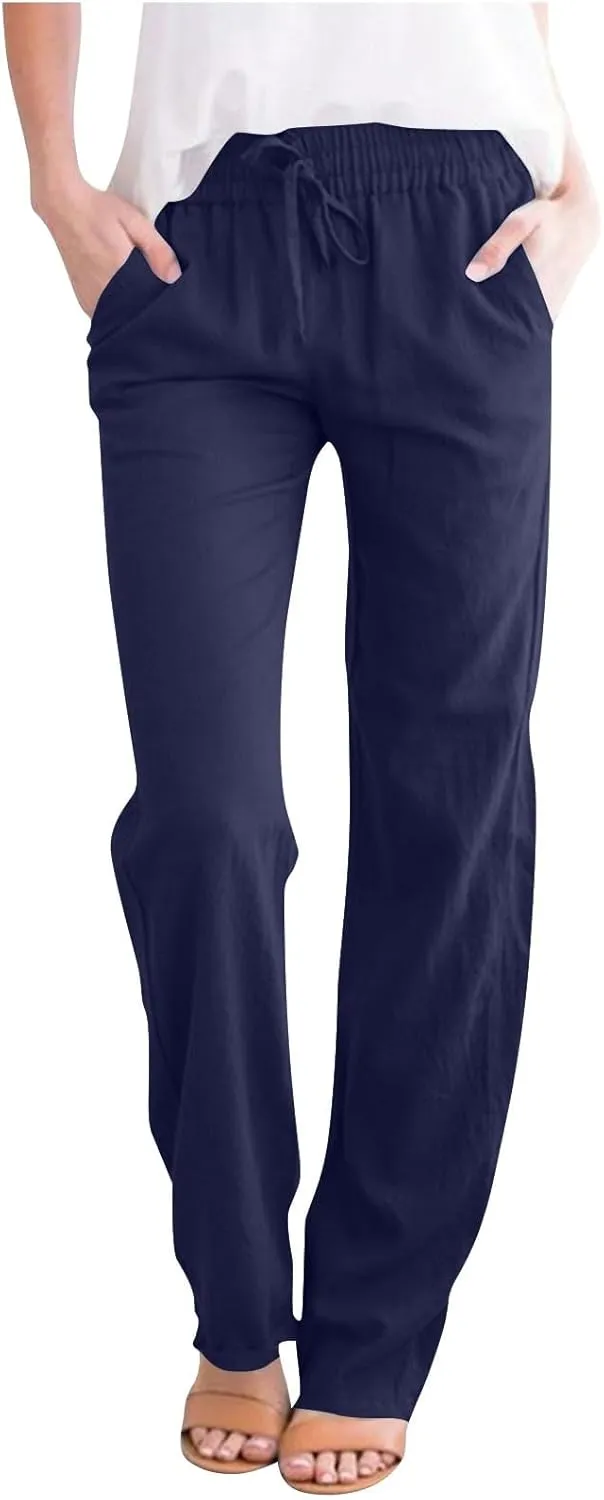 Linen Pants Women Hight Waisted Trousers Pants with Pockets Ladies Elastic Waist Trousers Wide Leg Straight Pants