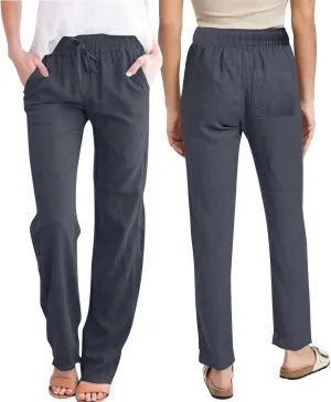 Linen Pants Women Hight Waisted Trousers Pants with Pockets Ladies Elastic Waist Trousers Wide Leg Straight Pants