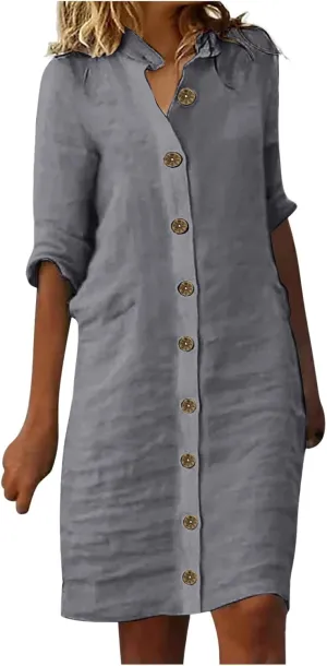 Linen T Shirts for Women Vintage Vacation Button Down Knee Length Shift Dress Summer Fitted Travel Outfits for Women
