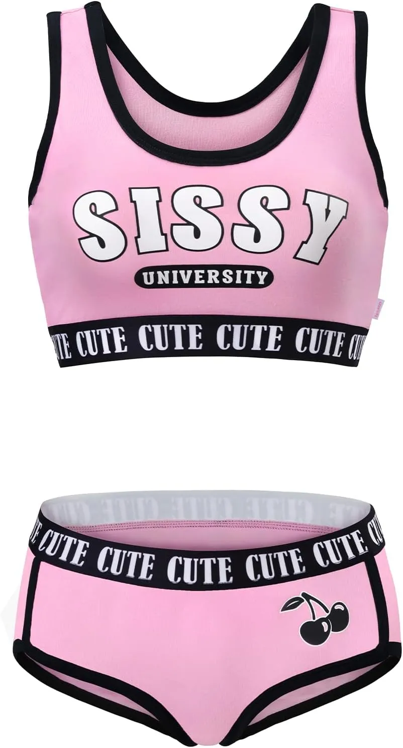 Littleforbig Unisex Cotton Camisole and Panties Sports Loungewear Bralette Set – Sissy University Bralette Set Magenta