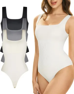 Lover-Beauty 3 Pack Bodysuits for Women Ribbed Thong V Neck Sculpting Shapewear