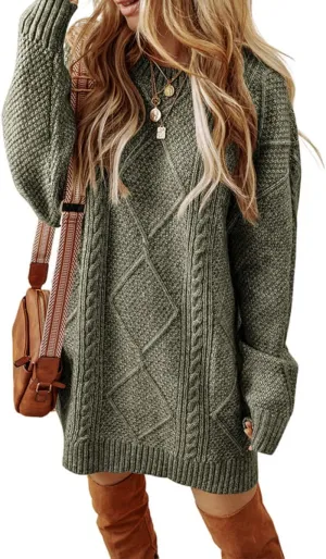 Melliflo Womens Cable Knit Sweater Dresses Long Sleeve Crewneck Chunky Sweater Oversized Sweater Dresses 2024 Fall Trendy
