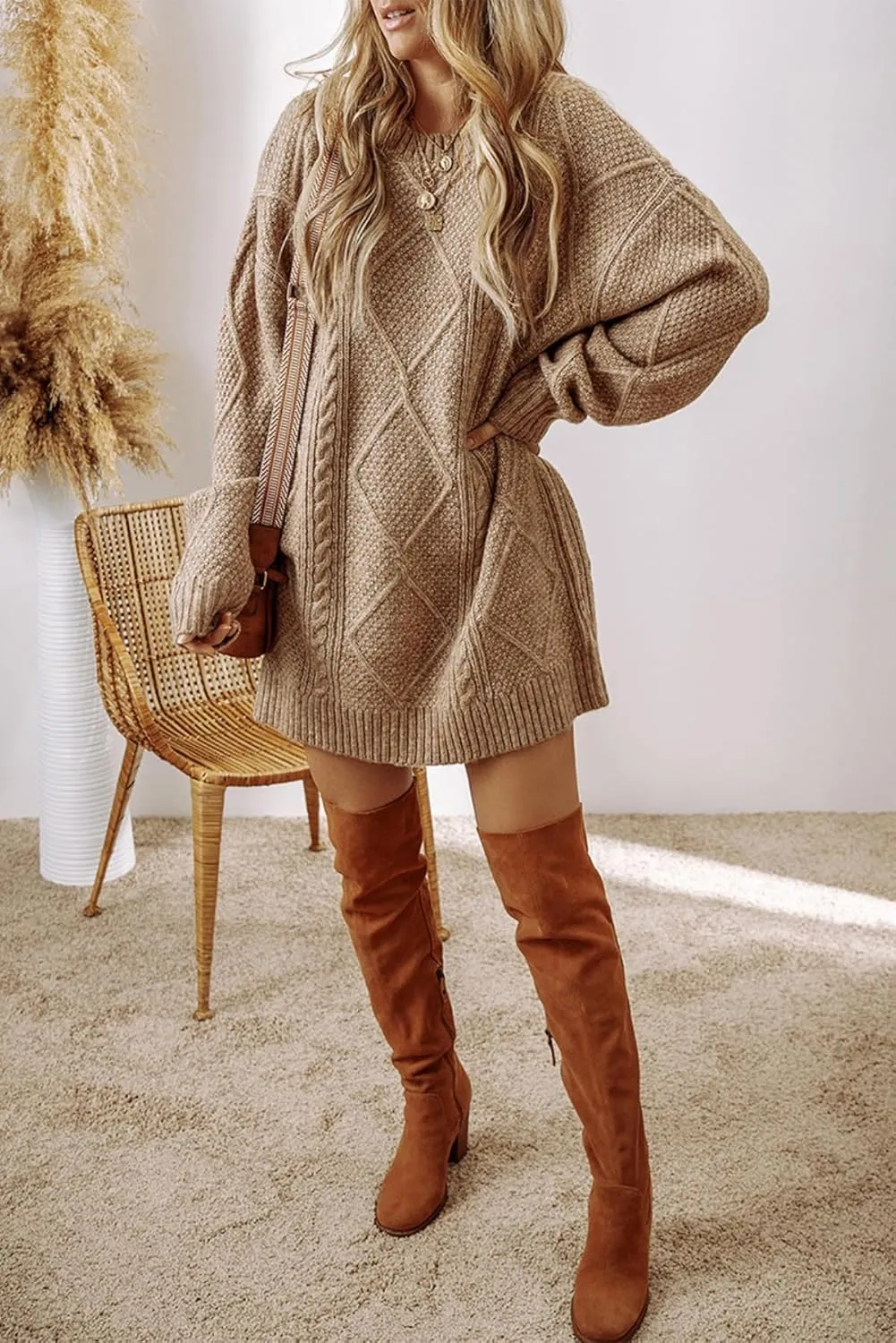 Melliflo Womens Cable Knit Sweater Dresses Long Sleeve Crewneck Chunky Sweater Oversized Sweater Dresses 2024 Fall Trendy