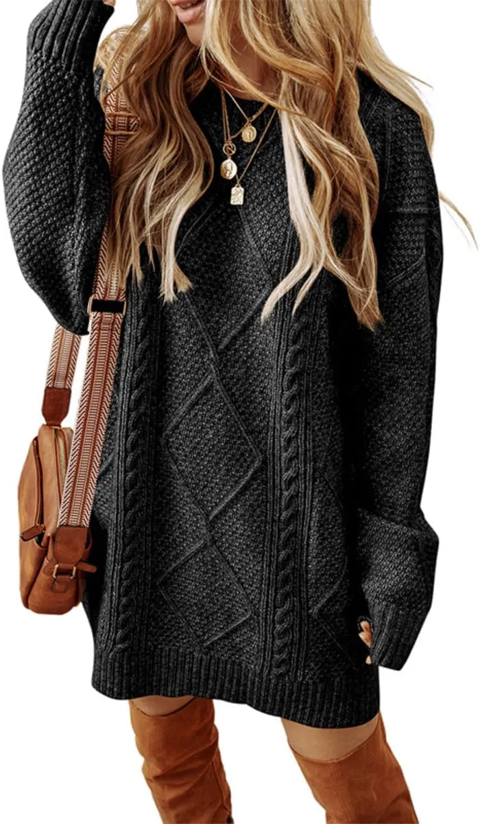 Melliflo Womens Cable Knit Sweater Dresses Long Sleeve Crewneck Chunky Sweater Oversized Sweater Dresses 2024 Fall Trendy