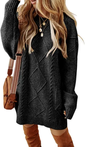Melliflo Womens Cable Knit Sweater Dresses Long Sleeve Crewneck Chunky Sweater Oversized Sweater Dresses 2024 Fall Trendy