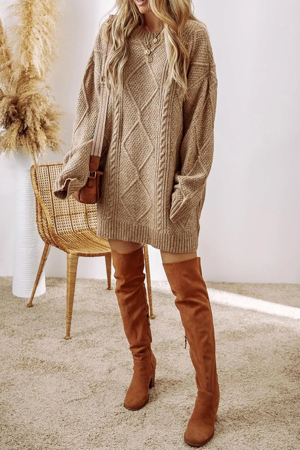 Melliflo Womens Cable Knit Sweater Dresses Long Sleeve Crewneck Chunky Sweater Oversized Sweater Dresses 2024 Fall Trendy