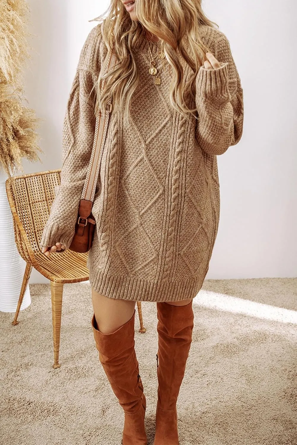 Melliflo Womens Cable Knit Sweater Dresses Long Sleeve Crewneck Chunky Sweater Oversized Sweater Dresses 2024 Fall Trendy