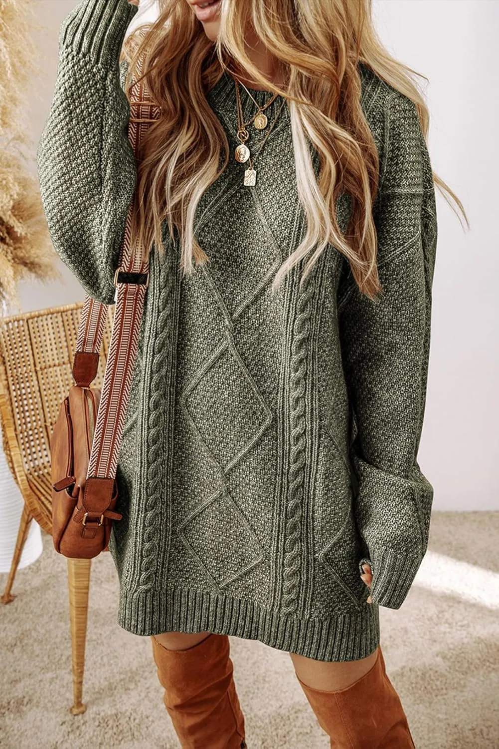 Melliflo Womens Cable Knit Sweater Dresses Long Sleeve Crewneck Chunky Sweater Oversized Sweater Dresses 2024 Fall Trendy