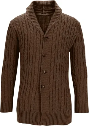 Men Casual Shawl Collar Cardigans Fall Winter Button Down Cable Knitted Mid-Length Cardigan Sweaters Long Sleeve Coat