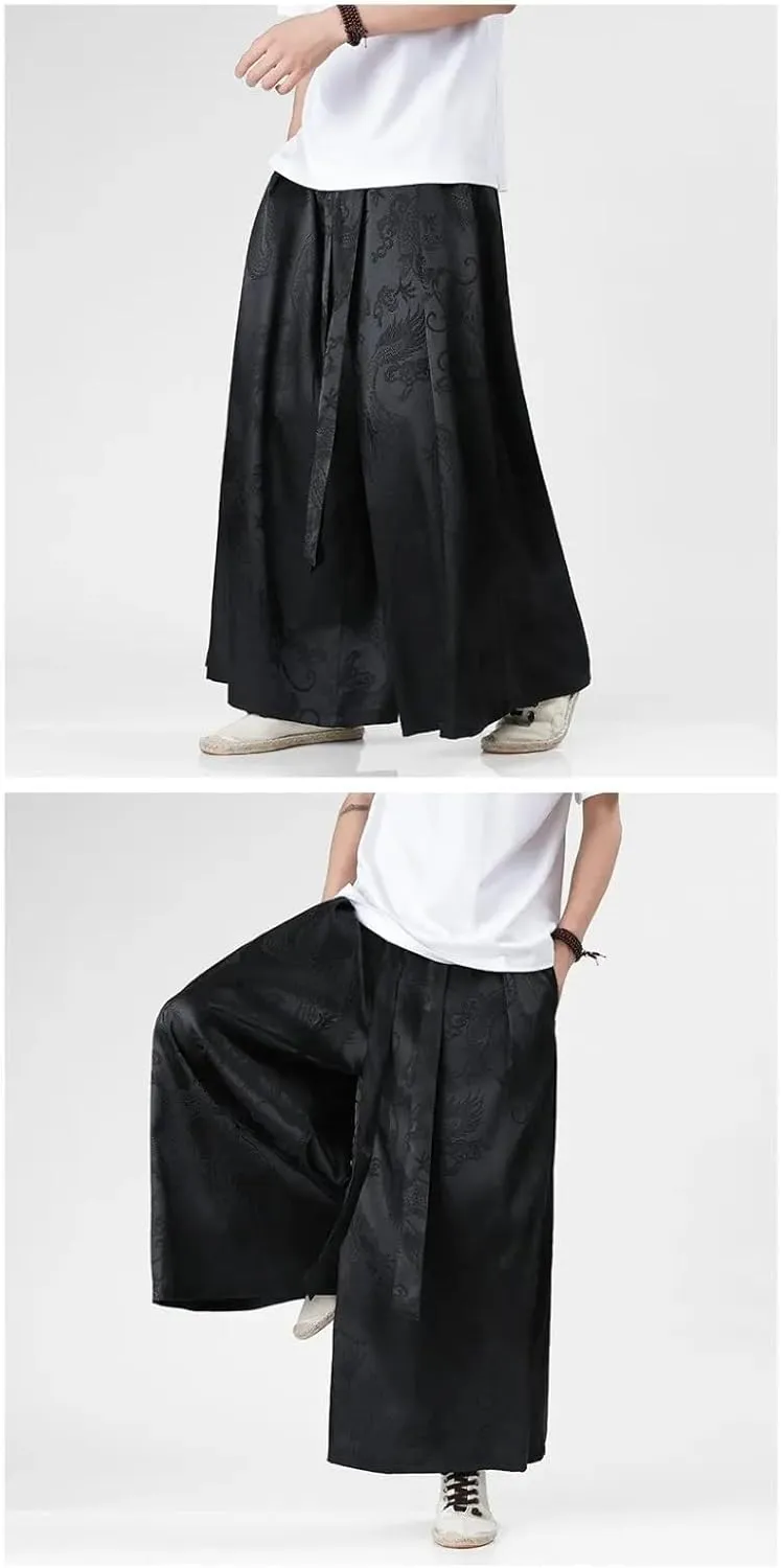 Men Ice Silk Wide Leg Pants Loose Joggers Elastic Waist Trousers Casual Long Pants