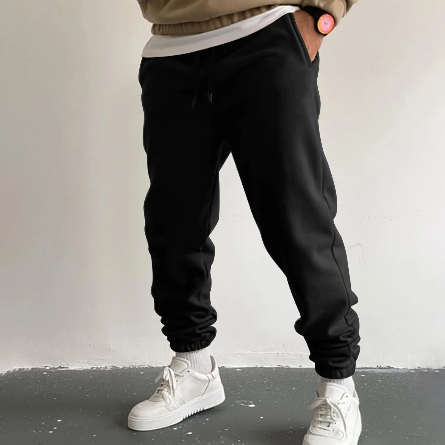 Mens Autumn and Winter High Street Fashion Leisure Loose Sports Running Solid Color Lace Up Pants Sweater Pants