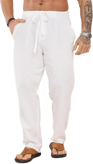 Mens Beach Pants Casual Yoga Pant Elastic Waist Drawstring Baggy Sweatpants Cotton Linen Trouser Summer Slacks Comfy