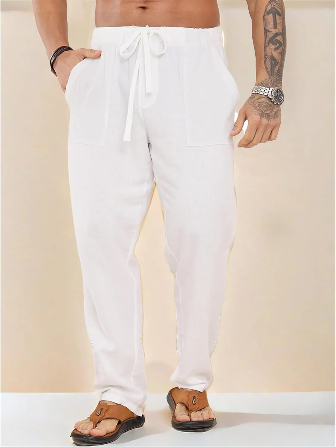 Mens Beach Pants Casual Yoga Pant Elastic Waist Drawstring Baggy Sweatpants Cotton Linen Trouser Summer Slacks Comfy