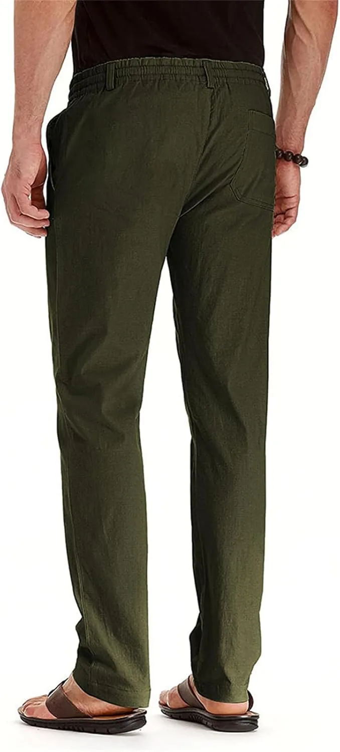 Mens Business Pants Drawstring Elastic Waist Casual Vintage Trendy Solid Pants Outdoor Joggers Trousers with Pockets
