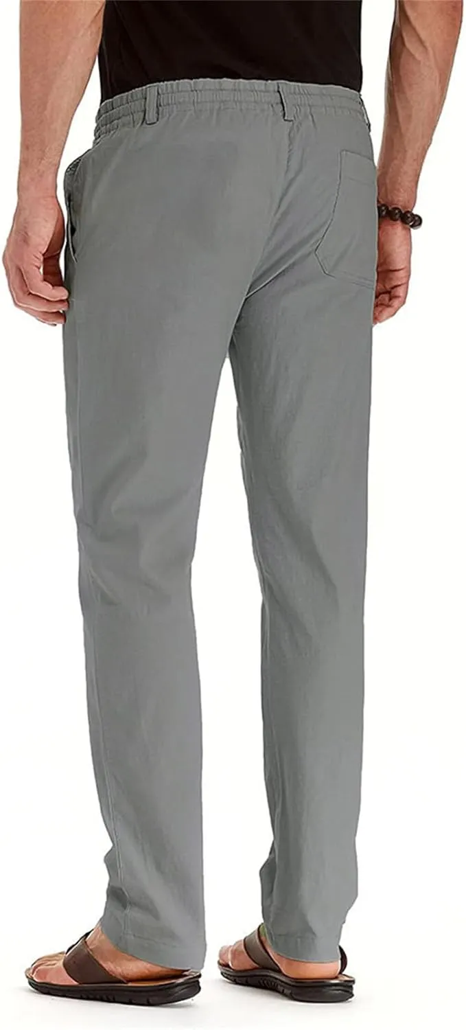 Mens Business Pants Drawstring Elastic Waist Casual Vintage Trendy Solid Pants Outdoor Joggers Trousers with Pockets