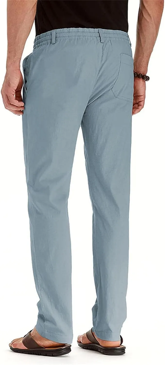 Mens Business Pants Drawstring Elastic Waist Casual Vintage Trendy Solid Pants Outdoor Joggers Trousers with Pockets