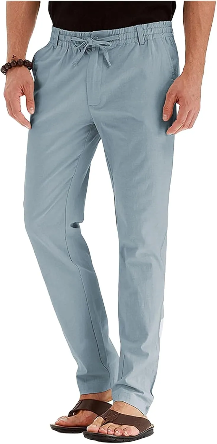 Mens Business Pants Drawstring Elastic Waist Casual Vintage Trendy Solid Pants Outdoor Joggers Trousers with Pockets