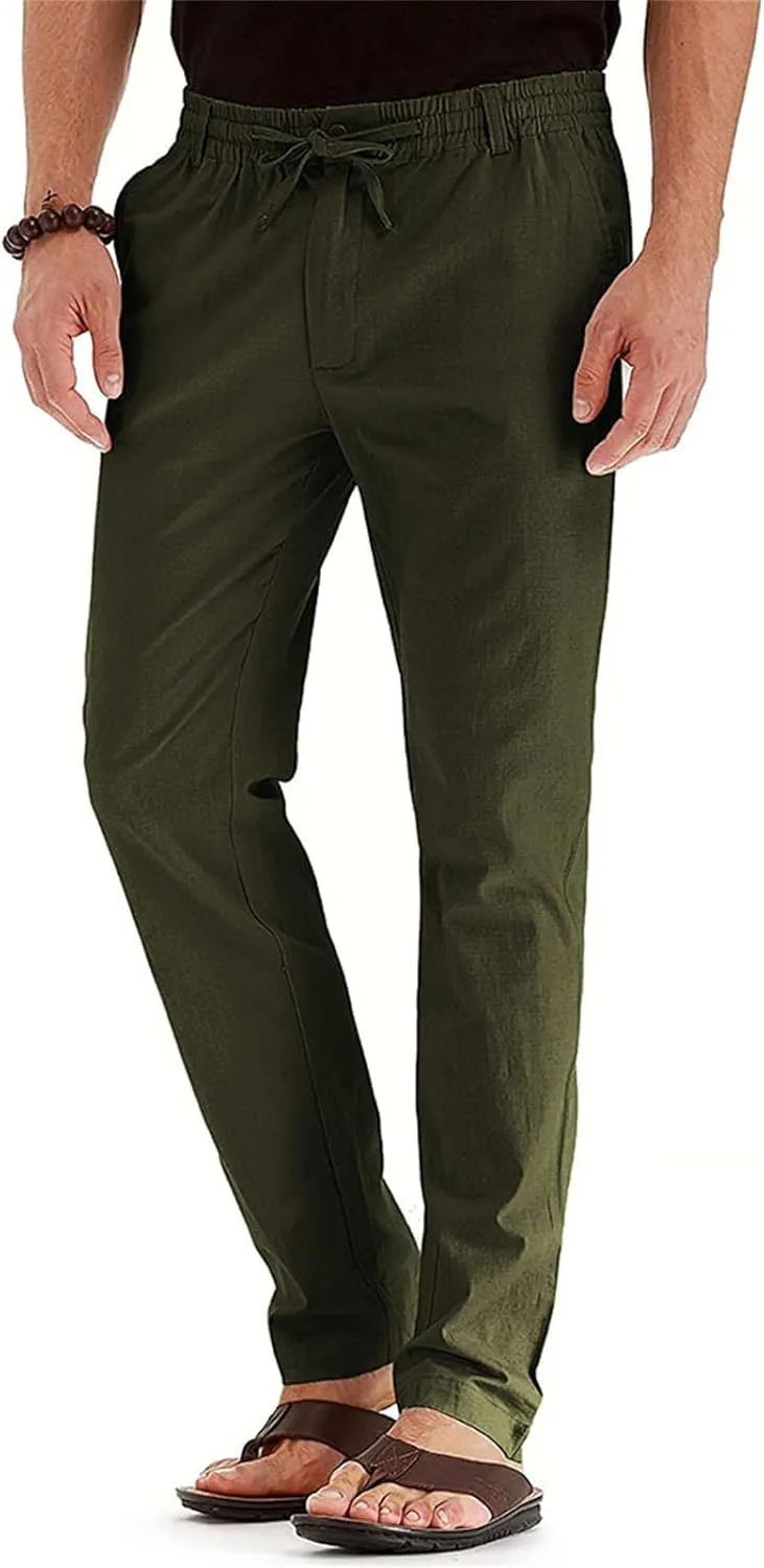 Mens Business Pants Drawstring Elastic Waist Casual Vintage Trendy Solid Pants Outdoor Joggers Trousers with Pockets