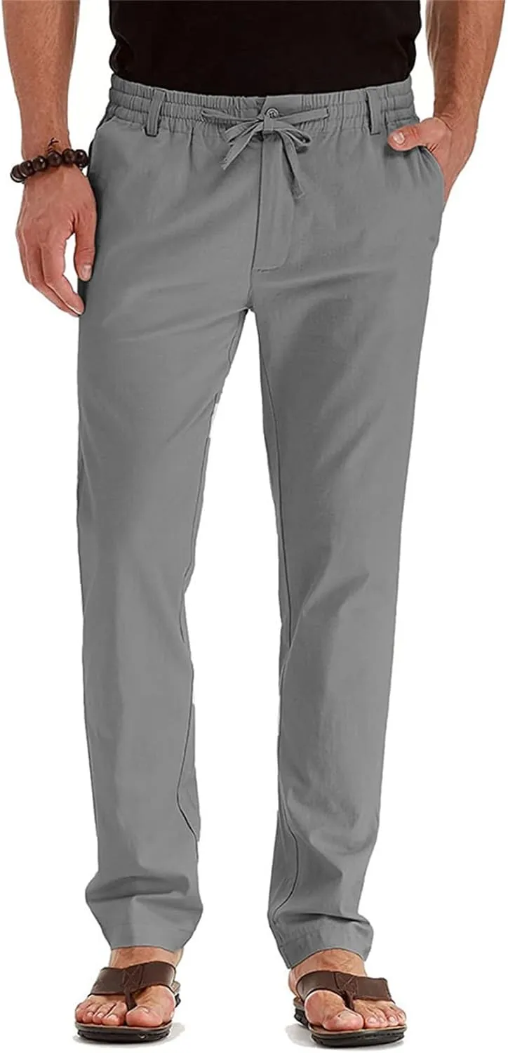 Mens Business Pants Drawstring Elastic Waist Casual Vintage Trendy Solid Pants Outdoor Joggers Trousers with Pockets