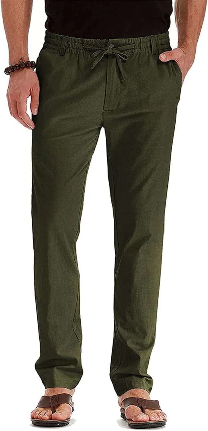 Mens Business Pants Drawstring Elastic Waist Casual Vintage Trendy Solid Pants Outdoor Joggers Trousers with Pockets
