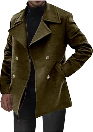 Men's Classic Notched Collar Double Breasted Wool Blend Pea Coat Winter Warm Trench Coats Business Windbreaker Jacket