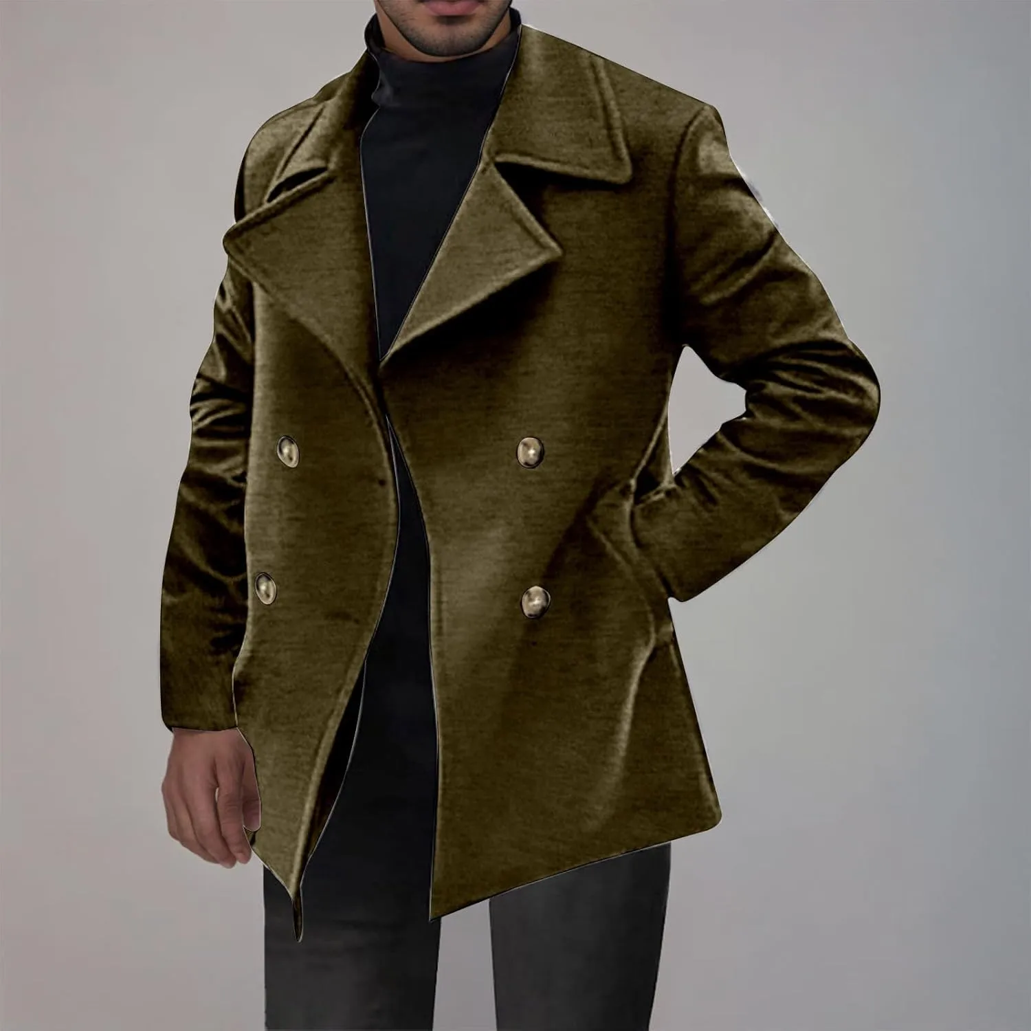 Men's Classic Notched Collar Double Breasted Wool Blend Pea Coat Winter Warm Trench Coats Business Windbreaker Jacket