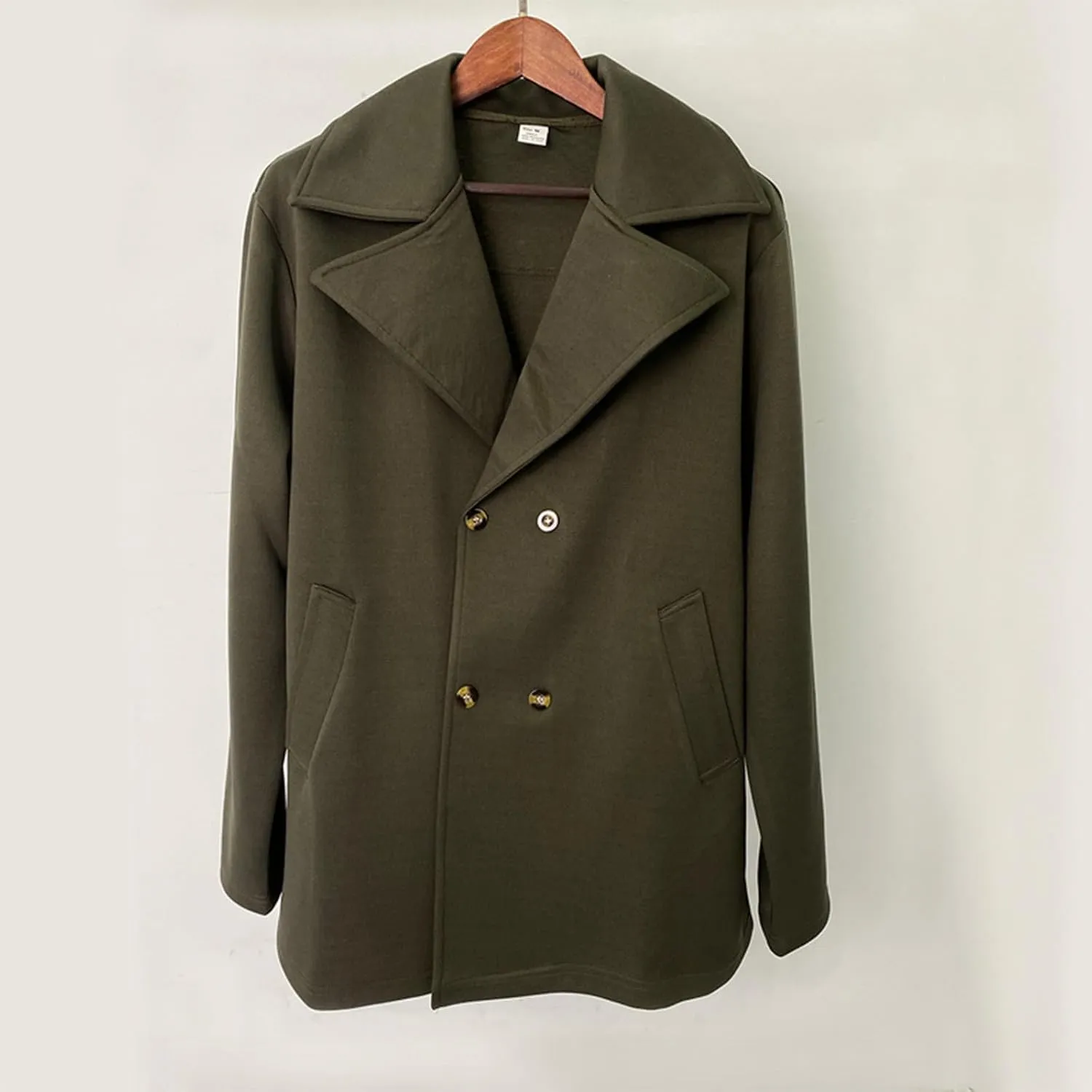 Men's Classic Notched Collar Double Breasted Wool Blend Pea Coat Winter Warm Trench Coats Business Windbreaker Jacket