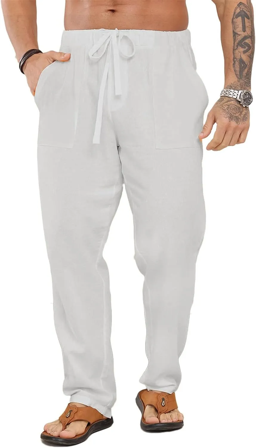 Mens Cotton Linen Pants Drawstring Elastic Waist Casual Trendy Hippie Baggy Fit Lightweight Pants Beach Yoga Trousers