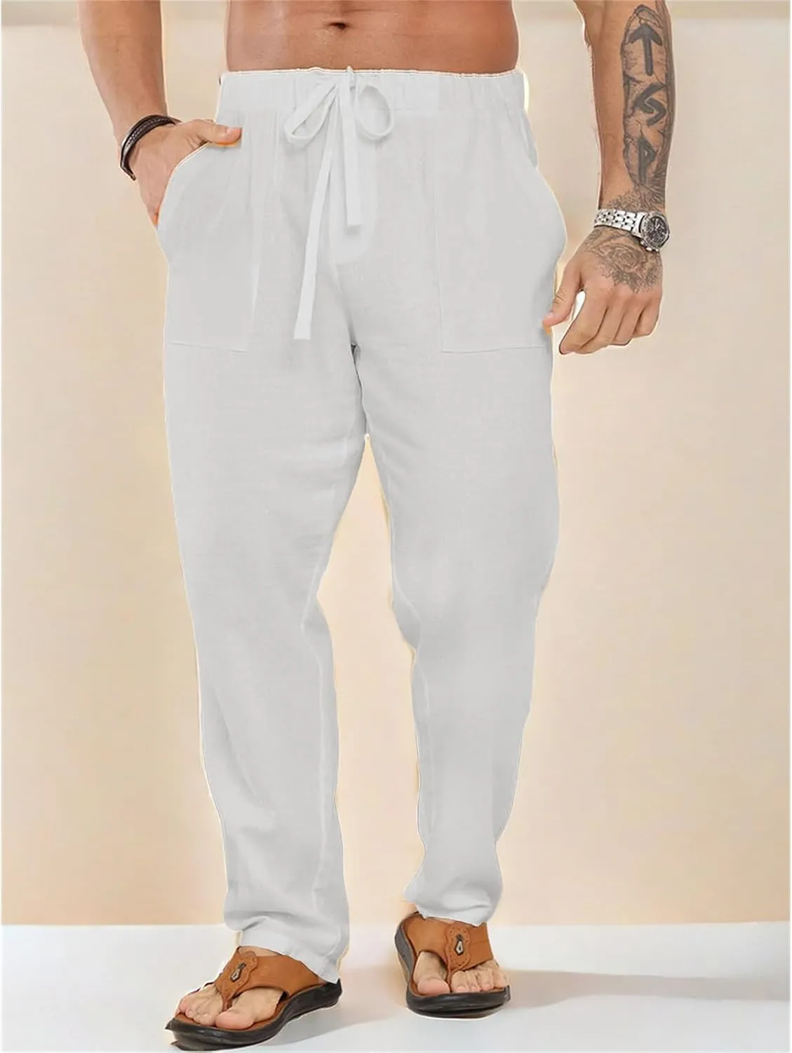 Mens Cotton Linen Pants Drawstring Elastic Waist Casual Trendy Hippie Baggy Fit Lightweight Pants Beach Yoga Trousers