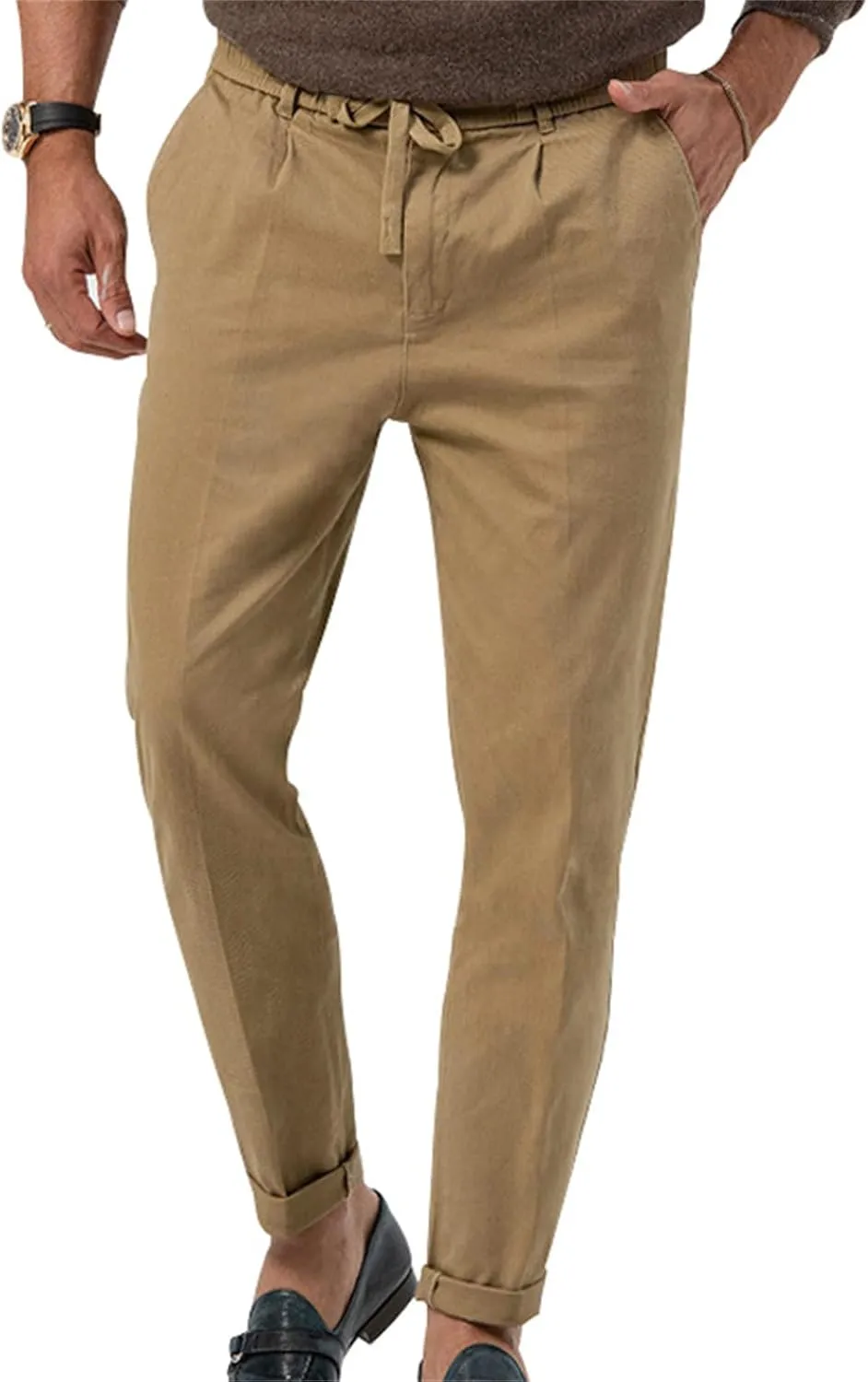 Mens Dress Pants Straight Elastic Waist Casual Lightweight Slim Fit Solid Pants Beach Yoga Business Trousers Pockets