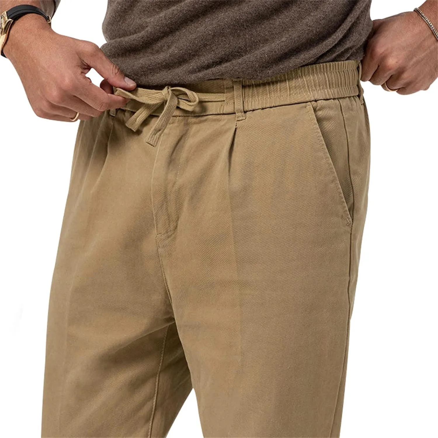 Mens Dress Pants Straight Elastic Waist Casual Lightweight Slim Fit Solid Pants Beach Yoga Business Trousers Pockets