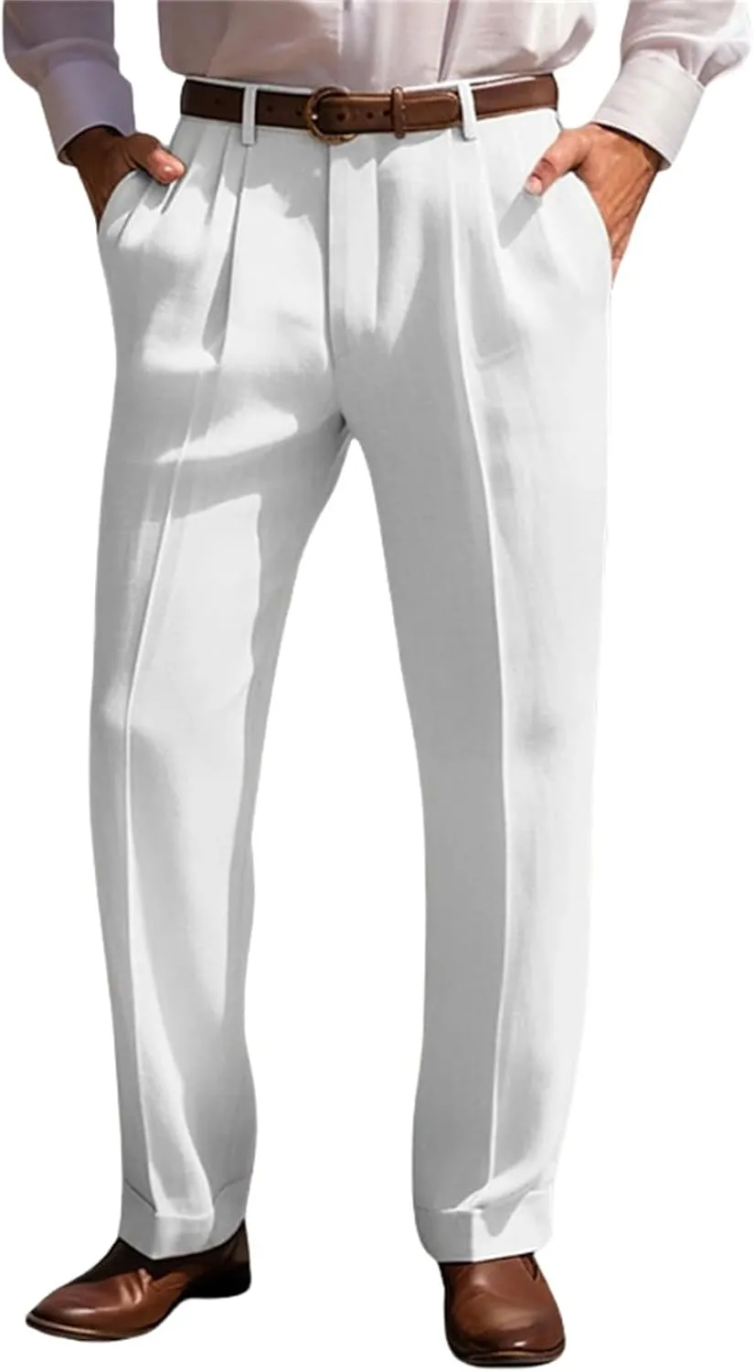 Mens Dress Trousers Cotton Linen Pleat Front Straight Leg Casual Classic Regular Fit Pant Solid Yoga Vacation Pants