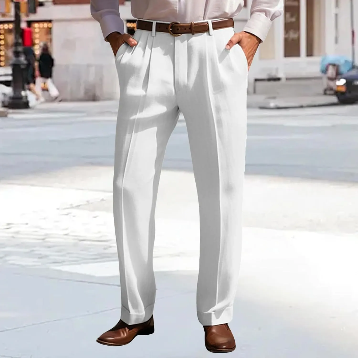 Mens Dress Trousers Cotton Linen Pleat Front Straight Leg Casual Classic Regular Fit Pant Solid Yoga Vacation Pants