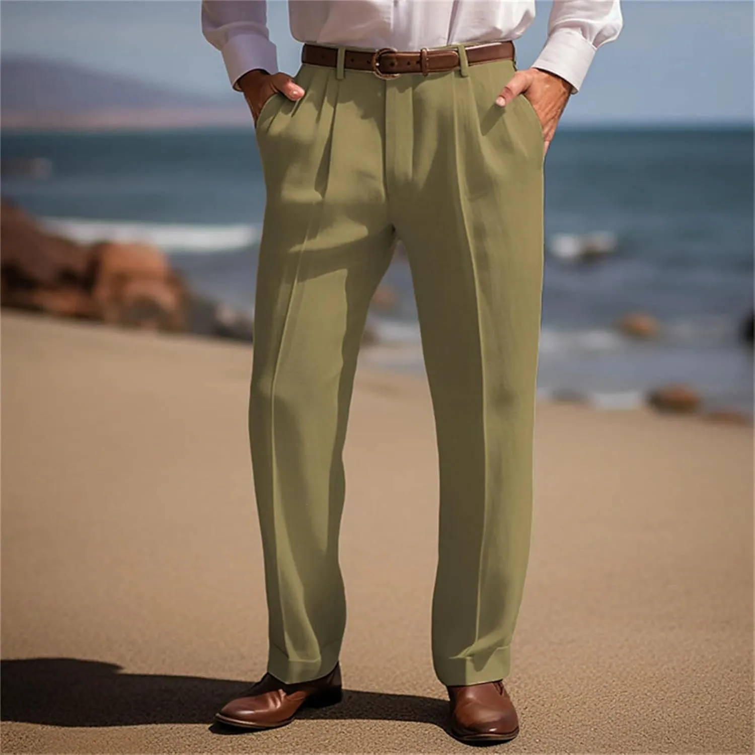 Mens Dress Trousers Cotton Linen Pleat Front Straight Leg Casual Classic Regular Fit Pant Solid Yoga Vacation Pants