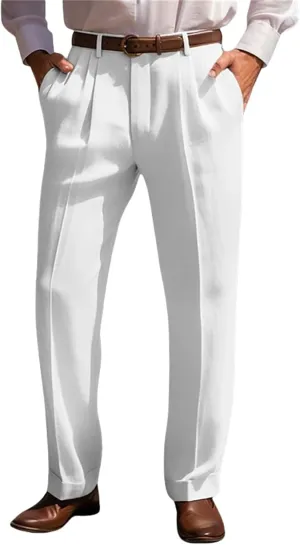 Mens Dress Trousers Cotton Linen Pleat Front Straight Leg Casual Classic Regular Fit Pant Solid Yoga Vacation Pants