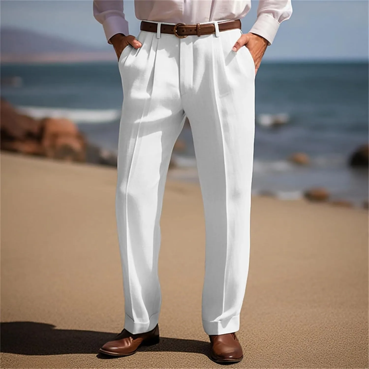 Mens Dress Trousers Cotton Linen Pleat Front Straight Leg Casual Classic Regular Fit Pant Solid Yoga Vacation Pants