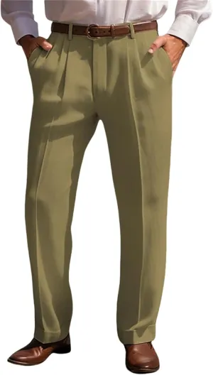 Mens Dress Trousers Cotton Linen Pleat Front Straight Leg Casual Classic Regular Fit Pant Solid Yoga Vacation Pants