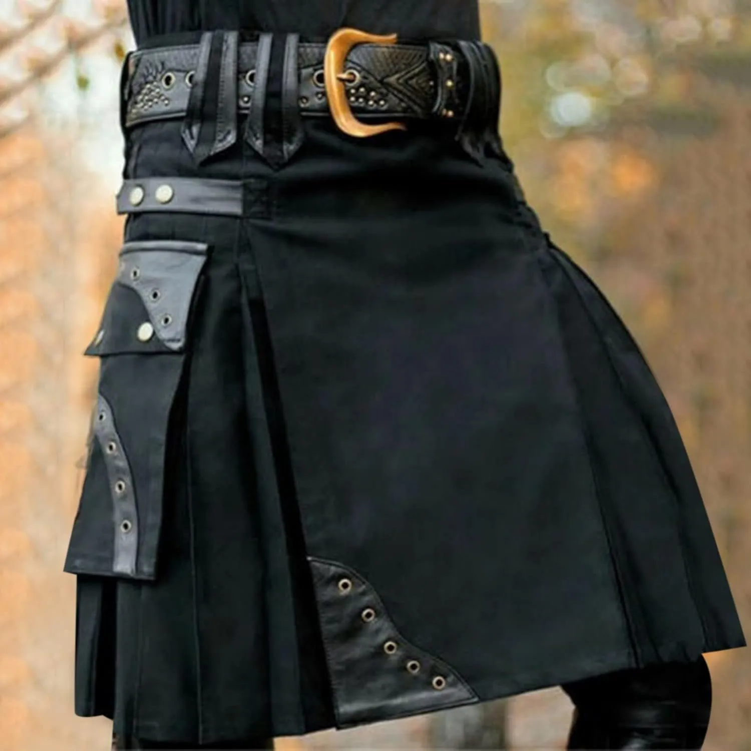 Mens Fashion Casual Retro Scottish Style Solid Pocket Pleated Skirt Short Dresses Leisure Scottish Kilt for Men